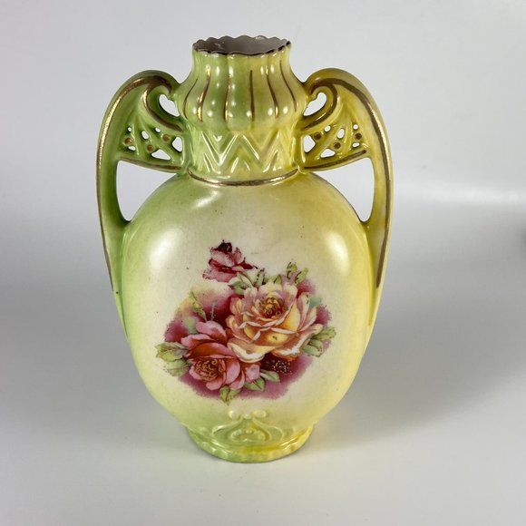 Roses Floral Porcelain Art Nouveau Vase Hand Painted Stamped HJ Vienna Austria - Picture 1 of 12